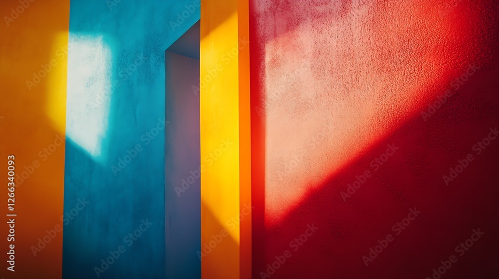 Poster colorful geometric wall patterns showcasing vibrant hues and shadows in an artistic space : generati