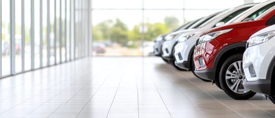 A modern car showroom showcasing a lineup of various vehicles in a well-lit, spacious environment.