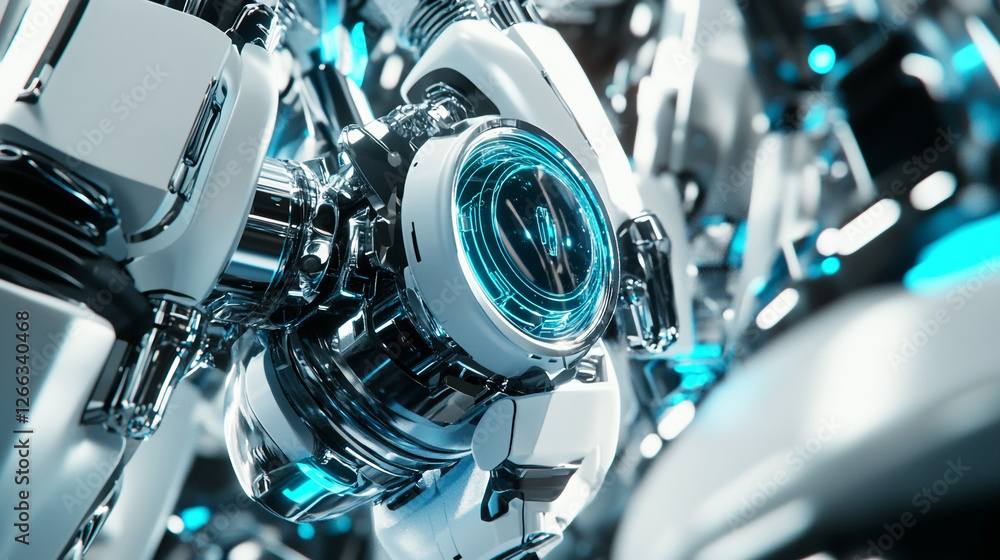 Poster A high-tech, digitally-enhanced mechanical system breaking apart into multiple components. The glowing blue elements suggest advanced technology, artificial intelligence, or cybernetic engineering. 