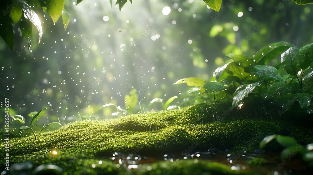 Poster enchanted view of fresh green leaves and water clinging to moss in a mystical forest setting : gener