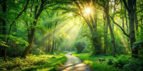 Obraz premium Serene Forest Path Illuminated by Golden Sunbeams, a Tranquil Woodland Scene with a Rustic Bench