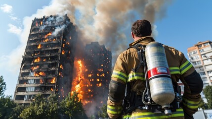 Obraz premium Brave firefighter standing in front of a high-rise building engulfed in flames, battling a fierce fire emergency with determination and courage in an urban environment