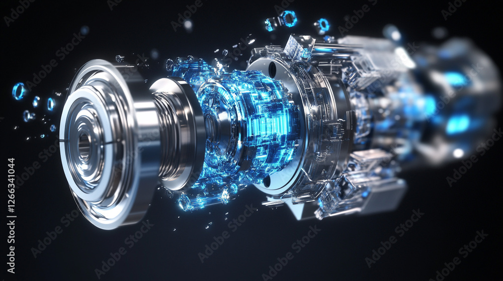 Poster futuristic digital mechanical component, suggesting a fusion of physical engineering and digital tec