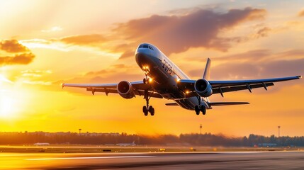 Airplane Taking Off Against a Stunning Sunrise Sky with Vibrant Orange and Yellow Hues Over an Airport Runway