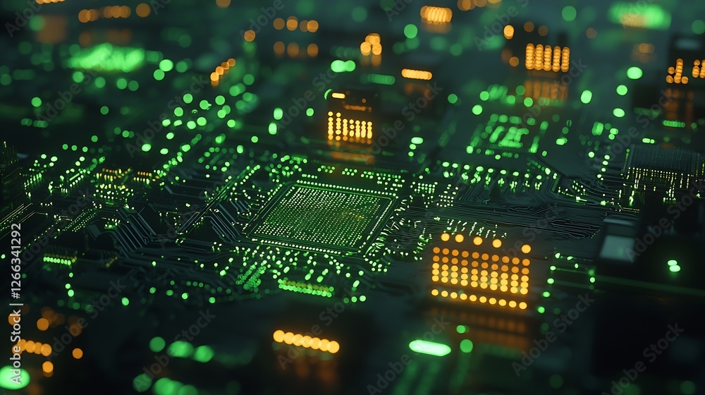 Poster high-tech circuit board view marked by brilliant green lights and intricate designs representing inn