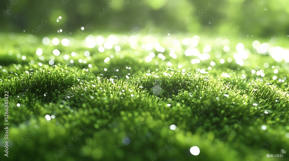 Aufkleber dew-covered lush green moss sparkling under bright sunlight in a tranquil forest setting : generativ