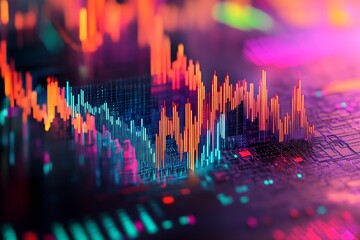 Vibrant data wave visualization combining colorful bars and digital metrics to represent market activity : Generative AI