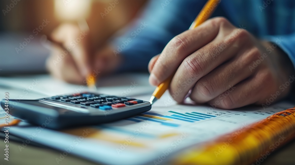 Aufkleber hands holding pencil and using calculator on financial documents with graphs and numbers for busines