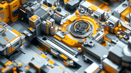 Intricate Circuit Design with Orange and Gray Geometric Components. Abstract close-up visualization of a detailed circuit with layered orange and gray elements.