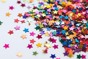 Colorful star confetti scattered on white background
