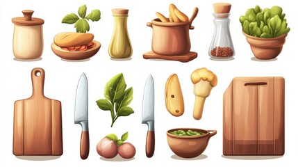 Colorful illustration of cooking ingredients and utensils arranged on a kitchen countertop
