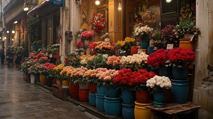 Flower shop storefront display at urban street corner; people walking by