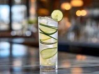 Refreshing Cucumber Gin Cocktail with Lime Slice on Bar Top