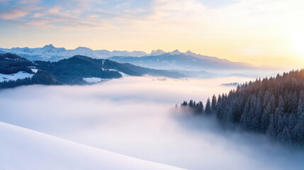 Fototapeta premium minimalist snowy landscape in Switzerland, covered in fog, showcases majestic mountains and serene forests. soft light creates tranquil atmosphere
