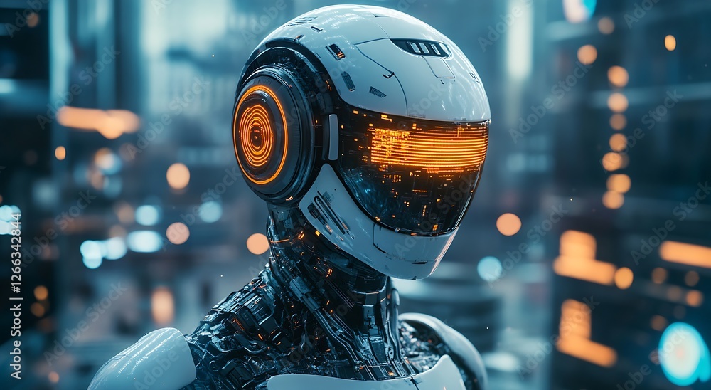 Fototapete Advanced Humanoid Robot with High-Tech Features and Futuristic Glow in Urban Landscape : Generative AI