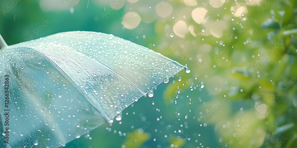 Fototapete close-up of an umbrella with raindrops cascading down amidst a soft and vibrant backdrop : generativ