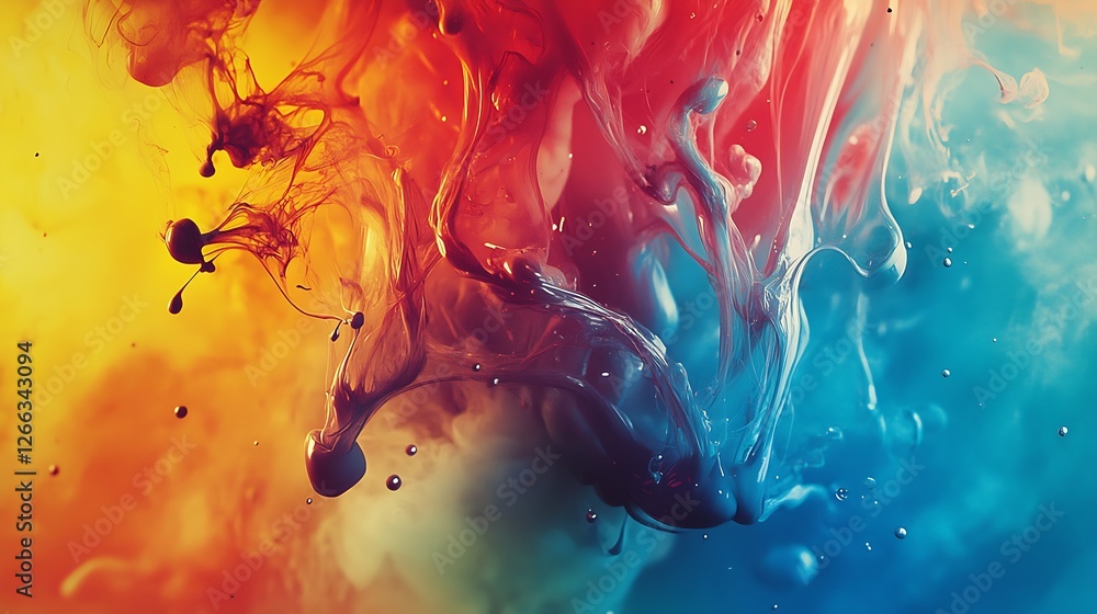 Poster dynamic abstract image of vibrant swirling colors and textures created by mixing liquids in water fo