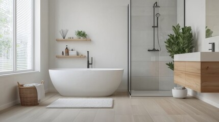 Fototapeta premium Modern and Minimalist Bathroom Interior with Freestanding Bathtub and Glass Shower in Brightly Lit Space