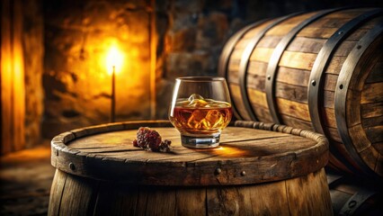 Aromatic amber liquid rests in a crystal glass, ice clinking gently, positioned atop aged wooden barrels in a dimly lit cellar, a warm glow emanating from the background.
