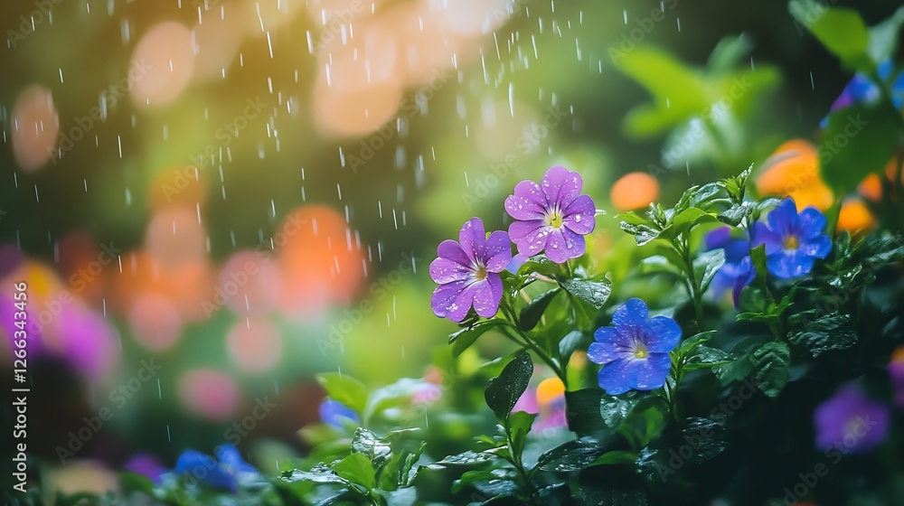 Poster colorful garden blooms surrounded by raindrops with bokeh effect : generative ai