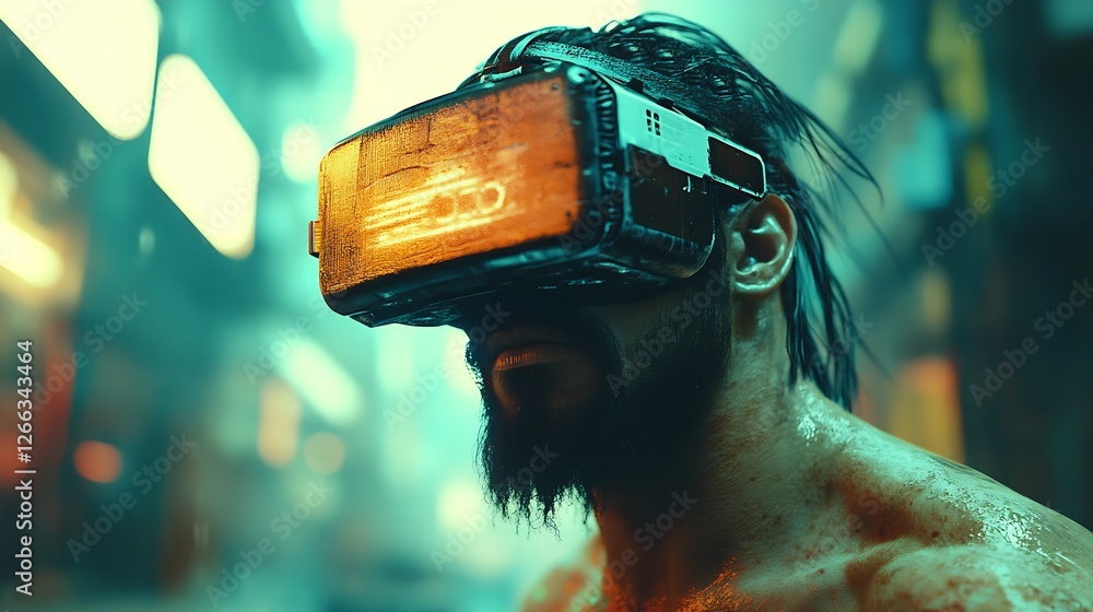 Poster man in futuristic virtual reality headset stands in neon-lit urban environment with dramatic lightin