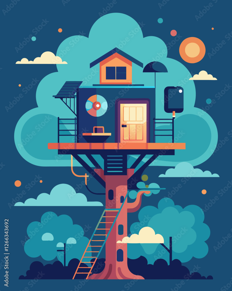 Poster working from a dreamy treehouse equipped with all the necessary technology and a serene atmosphere t