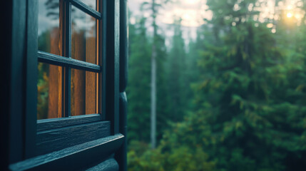 partially open mullioned window reveals serene forest view, inviting nature tranquility into space. soft light filters through, creating warm ambiance