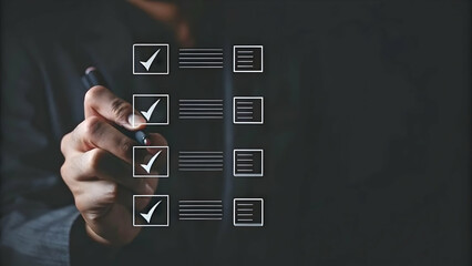Worker Engaging with Holographic Green Approval Checkmarks for Task Verification in Stock Photo Concept