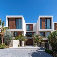 Fototapeta premium Modern white cubic villa with glass windows and wooden shutters. Symmetrical facade on sunny suburban street with driveway and greenery. Calm luxury and security. Ideal for real estate ads and
