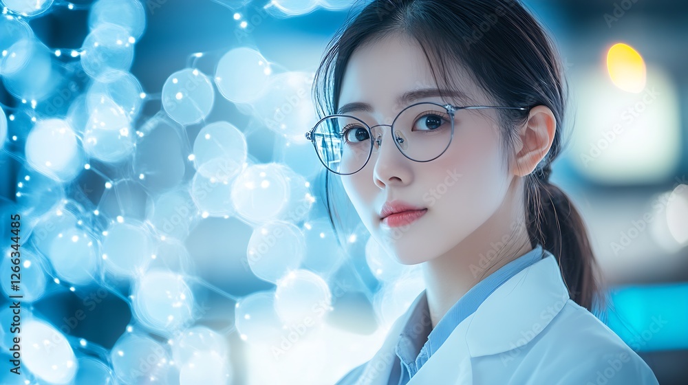 Poster Young female scientist in modern lab focusing on research with blue bokeh background : Generative AI