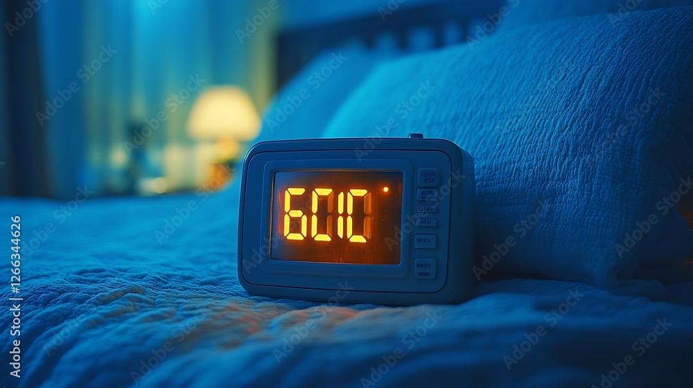 Aufkleber Digital alarm clock displaying six o clock in a cozy bedroom setting with soft lighting : Generative AI