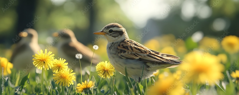 Poster elegant bird standing amidst dandelions in a bright and lively natural environment : generative ai
