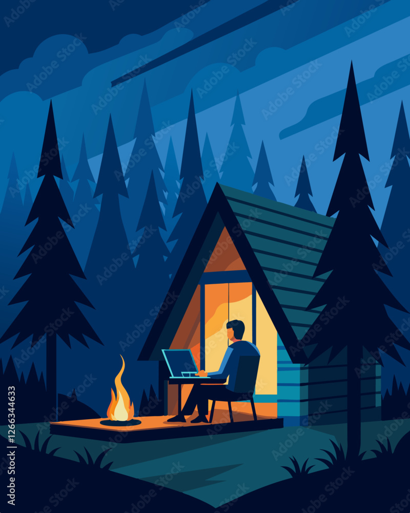 Poster the warm glow of a fireplace casts flickering shadows across the walls of a quaint forest cabin wher