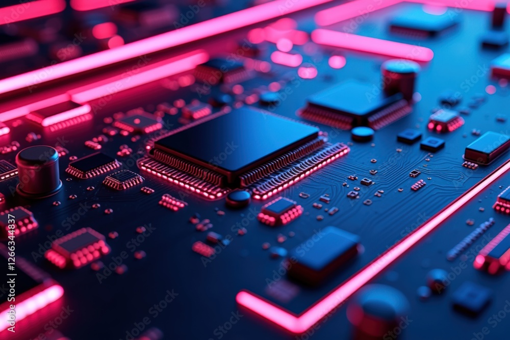 Poster vivid close-up of a modern microchip with neon lighting in a high-tech circuit board design, showcas