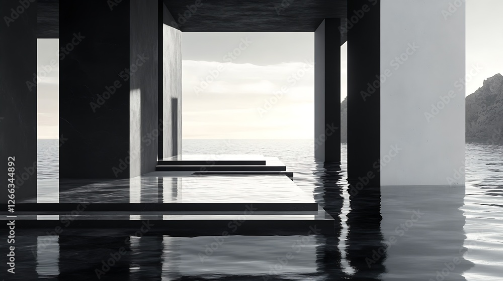 Poster Monochromatic perspective of a tranquil waterfront view with modern architectural elements : Generative AI