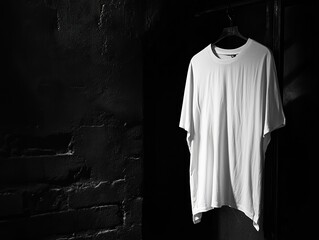 High-Resolution White T-Shirt on Hanger Against Dark Brick Wall Background, Ideal for Design and Decoration Purposes