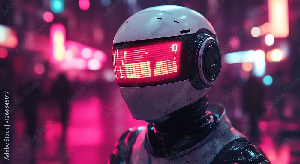 Fototapete Futuristic Robot with a Retro Display Visor in a Neon Urban Setting Reflecting Advanced Cyber Technology : Generative AI