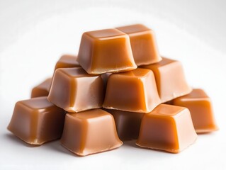 Stack of Delicious Caramel Candies Against a Bright White Background