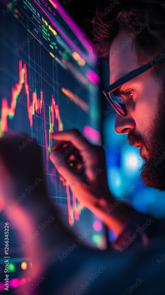 Poster Focused financial expert adjusting digital financial graphs with hands in a high-tech environment : Generative AI
