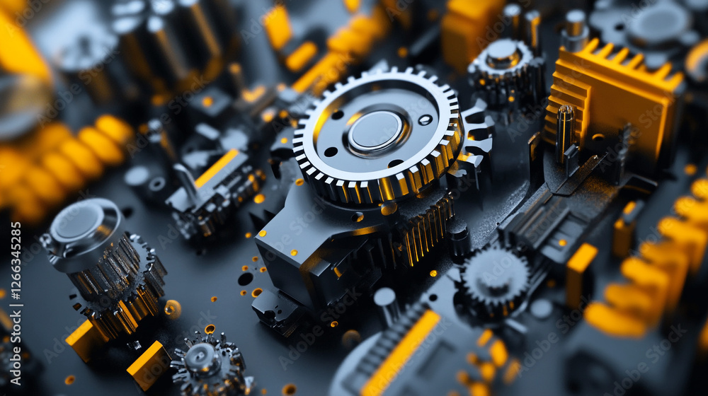 Poster industrial mechanical components showcased in close proximity, emphasizing engineering precision and
