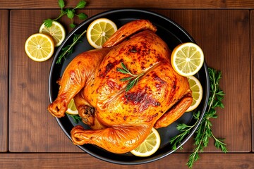 Golden-brown roasted chicken garnished with lemon slices and accompanied by fresh herbs, served on a wooden surface