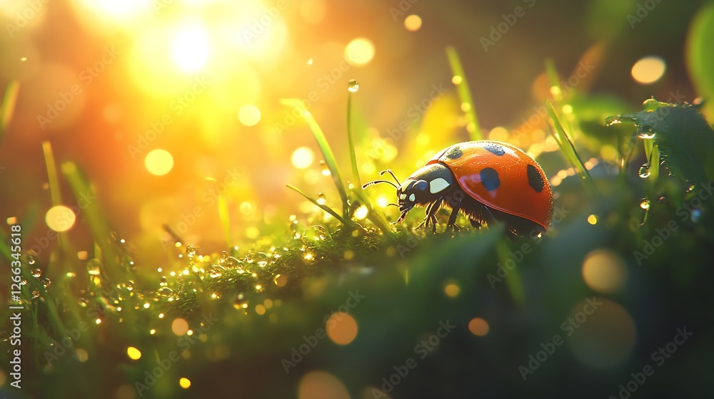 Poster inspiring image of a ladybug exploring a dewy grassy landscape under bright sunlight : generative ai
