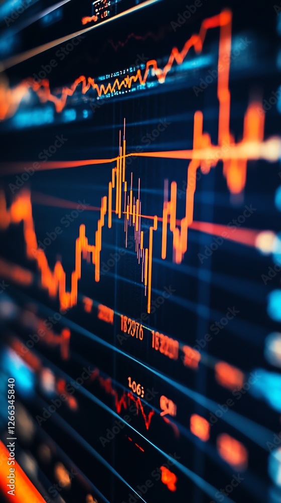 Poster Close-up view of stock market chart data presented on a high-tech digital screen with orange accents : Generative AI