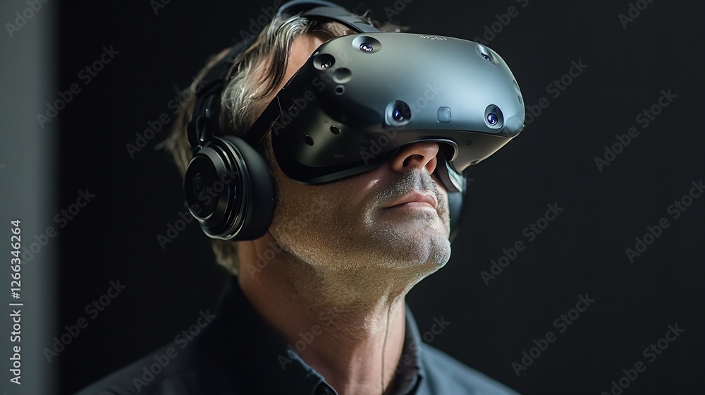 Poster middle aged man engaged in immersive virtual reality experience with advanced headset in dark enviro