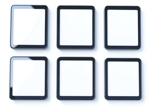 Six blank digital screens, white background, app mockup