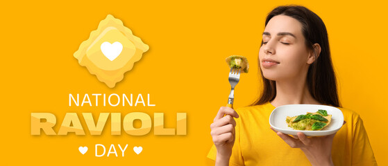 Beautiful young woman with plate of tasty ravioli and fork on yellow background