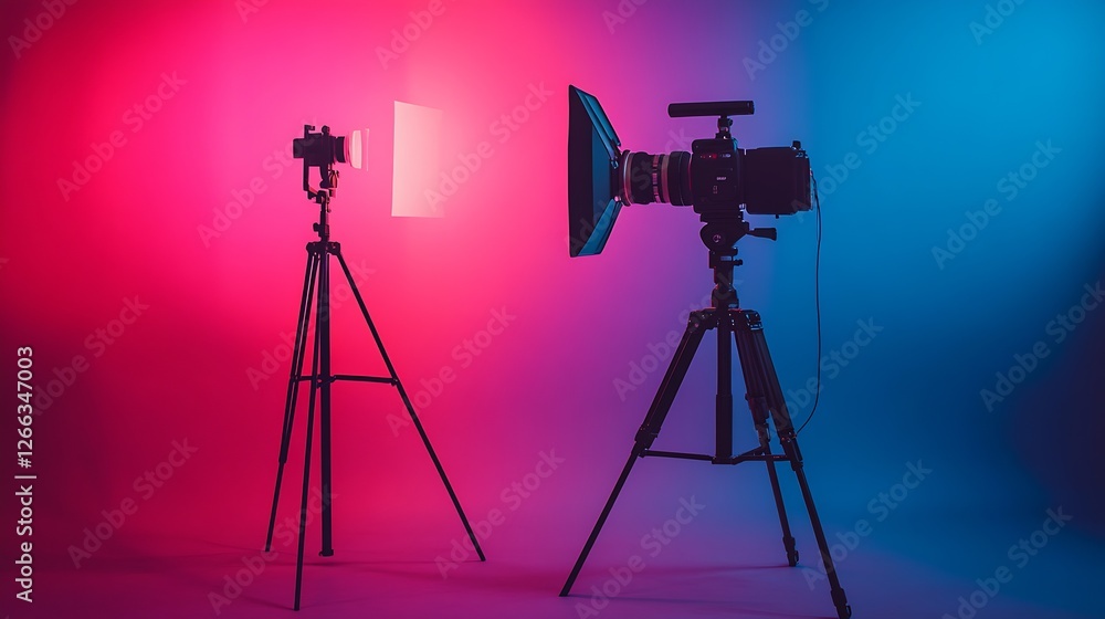 Poster modern photography studio setup showcasing professional cameras and lighting equipment in vibrant co