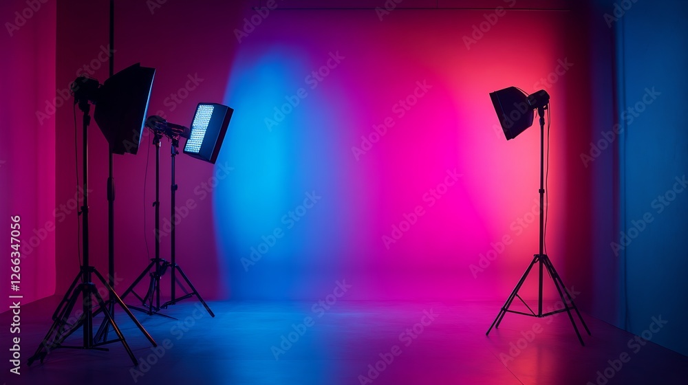 Aufkleber Contemporary photo studio featuring colorful lighting and multiple studio lights arranged for dynamic shoots : Generative AI