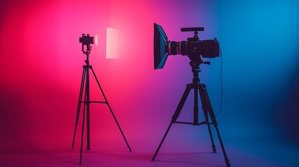 Modern photography studio setup showcasing professional cameras and lighting equipment in vibrant colored background : Generative AI