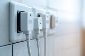 Power strip with multiple sockets connected to wall outlets, providing convenient access to electricity for various devices. Ideal for home or office use